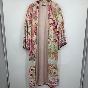 Zara Floral Print Long Kimono Duster Cardigan Pink Boho Open Front Cover Up Size